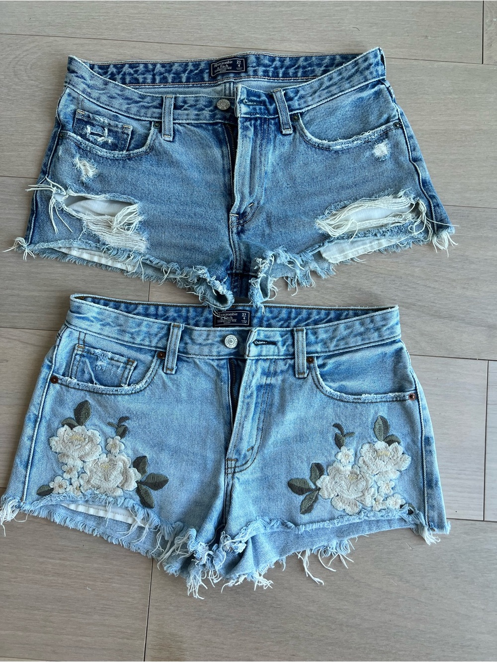 Abercrombie Women’s Distressed Denim Shorts with Floral Embroidery bundle